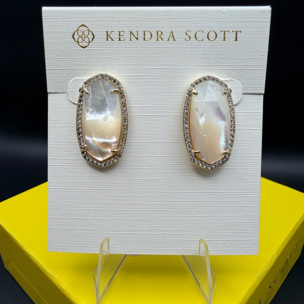 Kendra Scott Elsie Lux Earrings Ivory MOP Gold Crystal Halo Statement Earrings - Picture 2 of 9